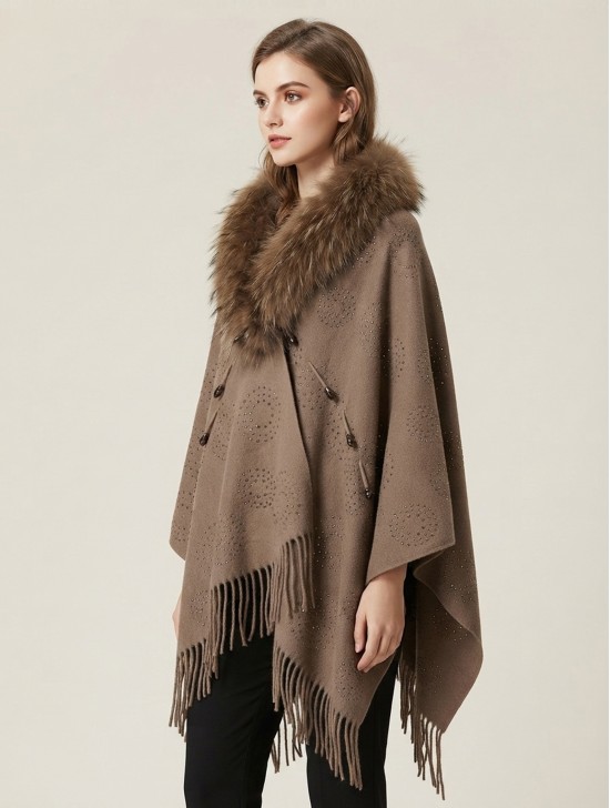 Wool Cape W/ Faux Fur and Rhinestones